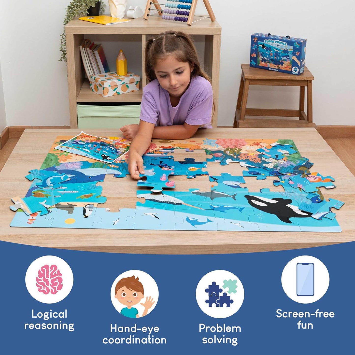 BONNYCO Giant Floor Puzzles for Kids of Jungle Animals with 48 Large Pieces. Safari Jumbo Puzzle 36.2 x 24.4 in, Gifts for Boys and Girls, Educational Kids Toys Ages 2-8