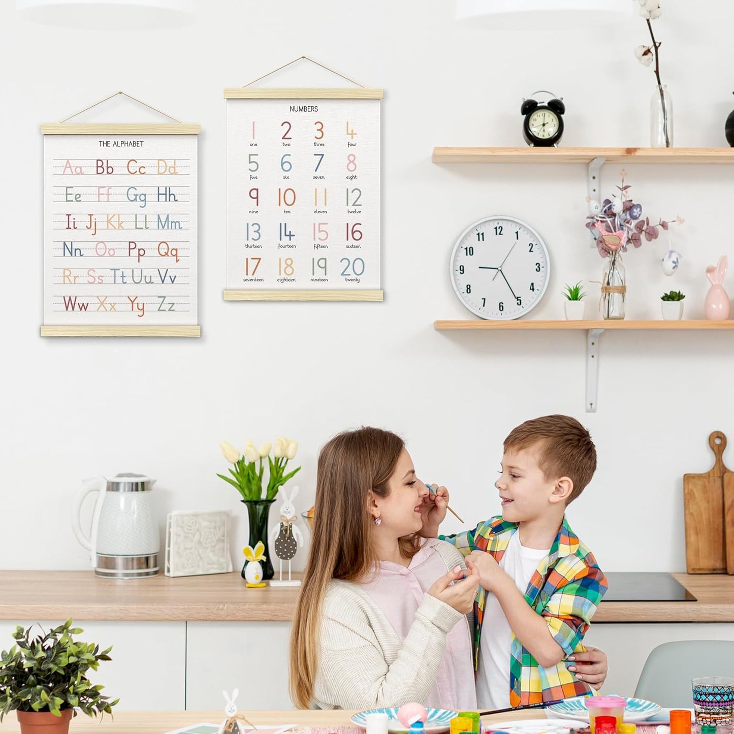 BONETAT Numbers alphabet poster for Nursery Toddlers, Play Room Wall Decor, ABC Wall Chart, Wall Hanging Decor for Toddler Playroom Decor Kids Wall Decor, Wooden Alphabet Banner-A02