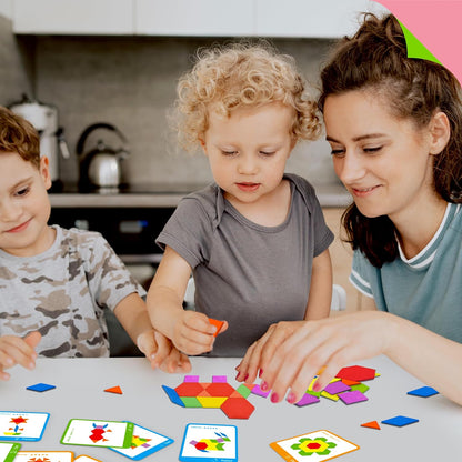 215 PCS Wooden Pattern Blocks Set, 24 Double-Sided Design Cards Pattern Building Shapes Educational Geometric Shape Puzzle Fun Tangram Montessori Learning Toys for Kids Ages 4-8 (A Storage Bag)