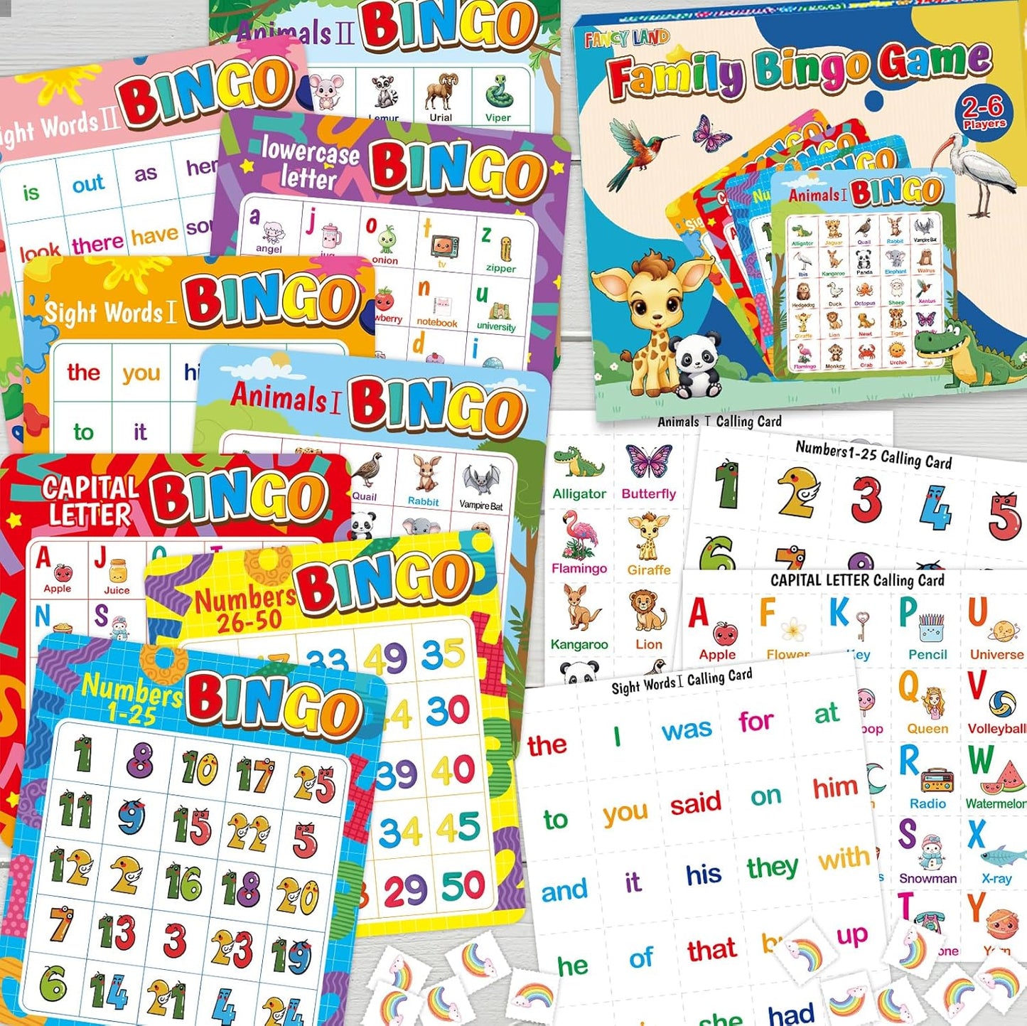 Fancy Land Alphabet Bingo Game Kids Sight Word Bingo Set Number Letter Animal Board Game for Kindergarten Preschool Counting and Matching Skills Development Family Night Classic Educational Supplies