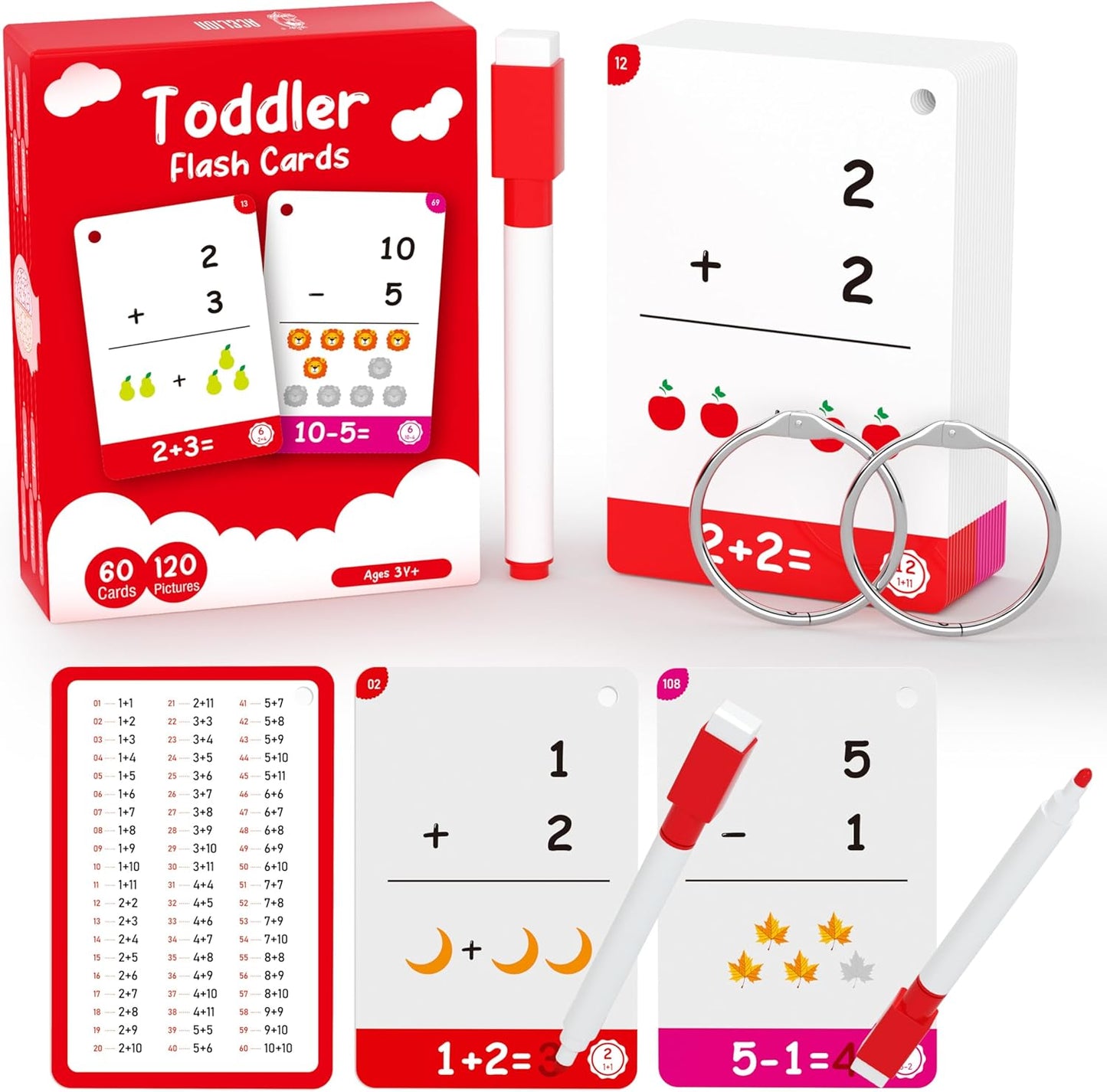 WJPC 55 Cards, 106PCS High Frequency First-Grade Sight Words Flash Cards, 1st Grade Phonics Learning Cards for 5,6,7,8 Years Ages Kids Boys, Girls Learn to Read, Write, Association, Sentence Making