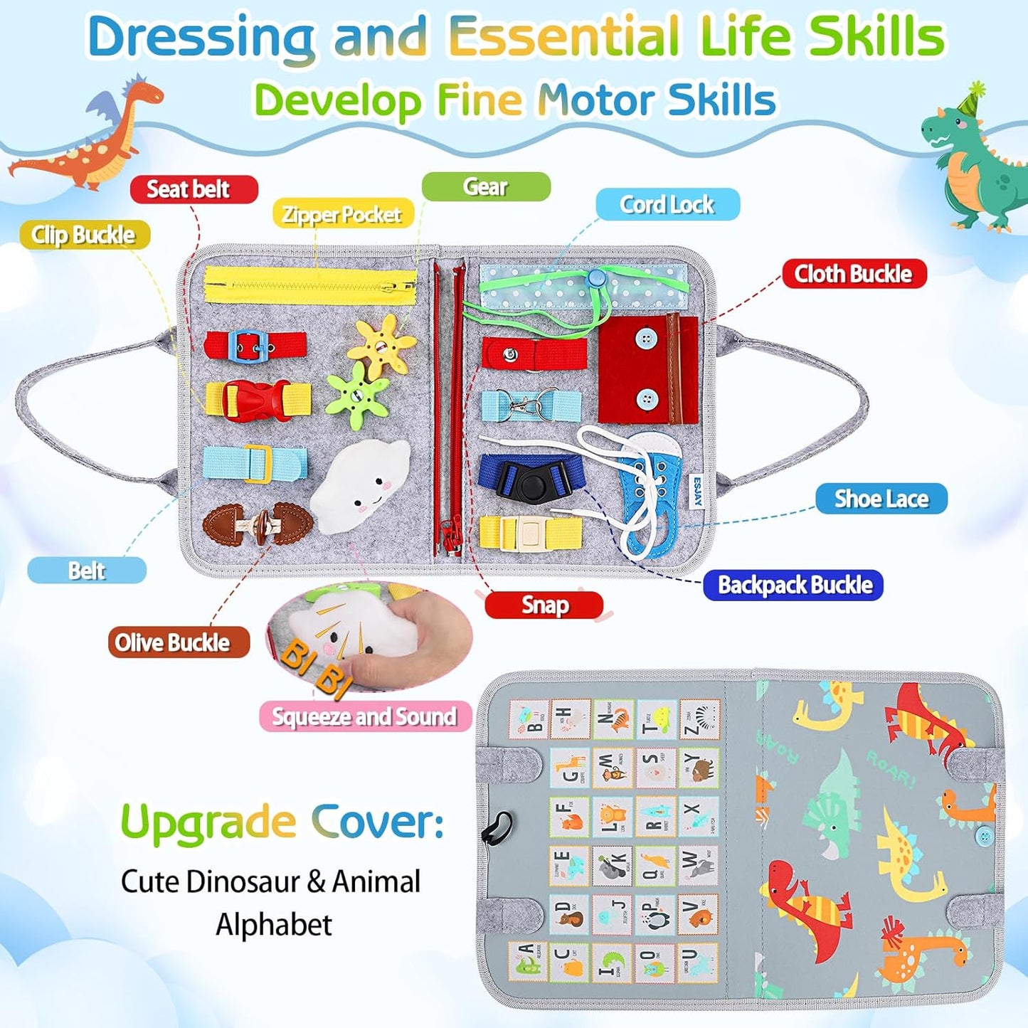 Esjay Toddler Busy Board Montessori Toys for Boys Girls, Sensory Book Educational Activities for Learning Fine Motor Skills, Birthday Gifts for Toddlers, Travel Toys for Airplane Car, White Dinosaur