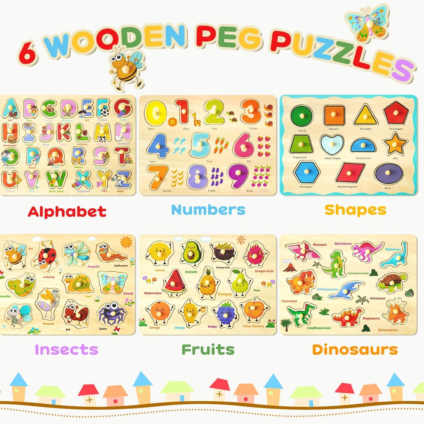MerryPony Wooden Peg Puzzle for Toddlers 2 3 4 Years Old, 6 Pcs Montessori Toddler Puzzle - Alphabet, Shape, Number, Fruit, Dinosaur and Insect Puzzles, Baby Puzzle, Learning & Education Toys for Kids