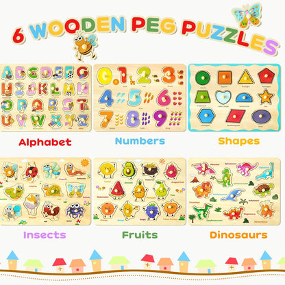 MerryPony Wooden Peg Puzzle for Toddlers 2 3 4 Years Old, 6 Pcs Montessori Toddler Puzzle - Alphabet, Shape, Number, Fruit, Dinosaur and Insect Puzzles, Baby Puzzle, Learning & Education Toys for Kids