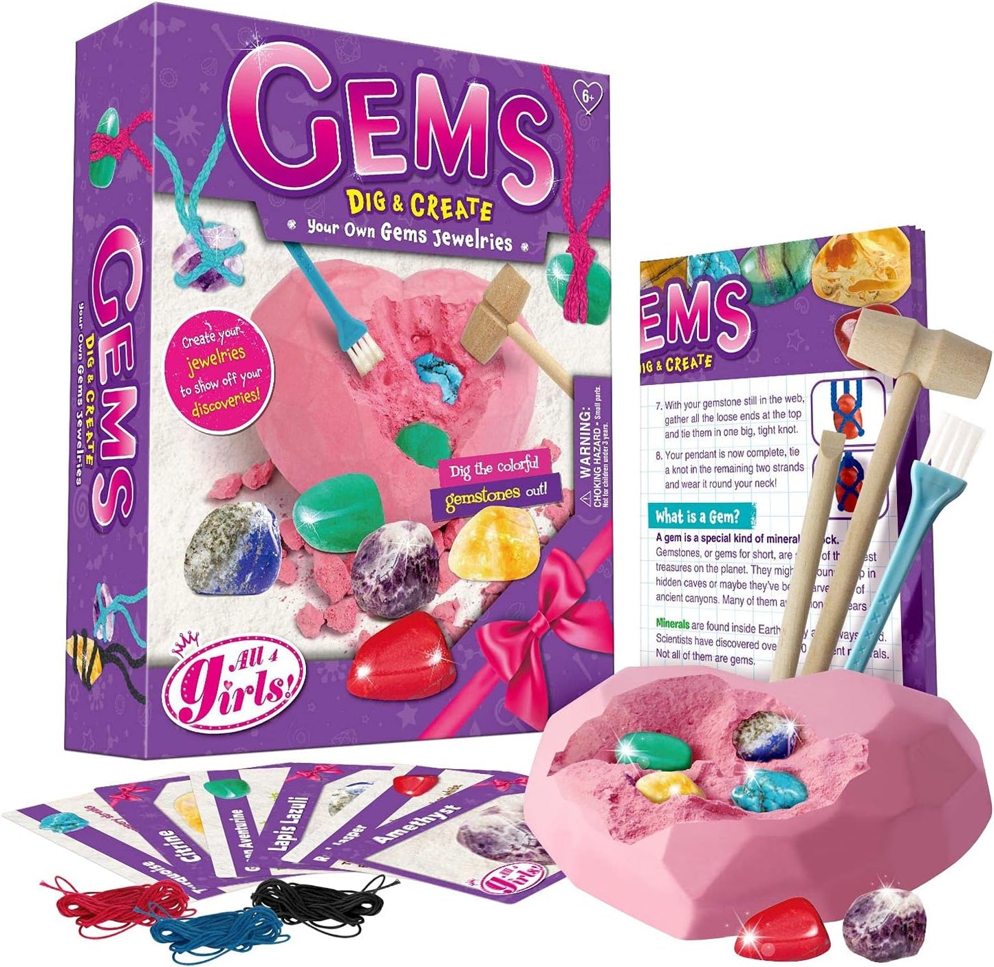 EDUMAN 6PCS Gemstone Dig Kit for Kids – Dig Up Amethyst, Lapis Lazuli, Citrine, Red Jasper, Aventurine & Turquoise – DIY Jewelry Making STEM Science Kit Gift for Girls and Boys Ages 6+