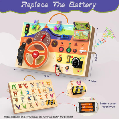 flycoost Busy Board with LED Light Switches,Toddlers Montessori Educational Toys for 1 2 3 Years Olds,Wooden Autism Activity Baby Busy Board,Sensory Travel Toys 1+ Year Old Boy&Girl Birthday Gift