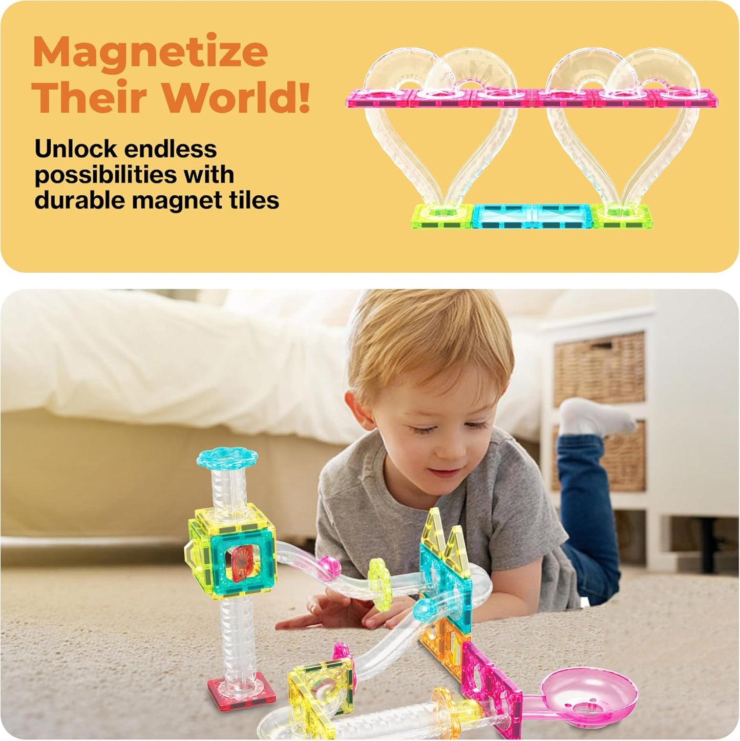 PicassoTiles Marble Run 60 Piece Race Track Magnetic Tiles Magnet Building Block Educational Construction Toy Set Playset STEM Learning Kit Child Brain Development HandEye Coordination Training PTG60