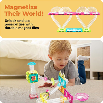 PicassoTiles Marble Run 60 Piece Race Track Magnetic Tiles Magnet Building Block Educational Construction Toy Set Playset STEM Learning Kit Child Brain Development HandEye Coordination Training PTG60