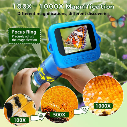 Odatay Microscope for Kids with 12 Slides, 100X-1000X 1080P Digital Handheld Kids Microscope, Mini Portable Pocket Miniscope Science Toys Gifts for 3+ 4 5 6 7 8 9 10 11 12 Year Old Boys Girls, Blue