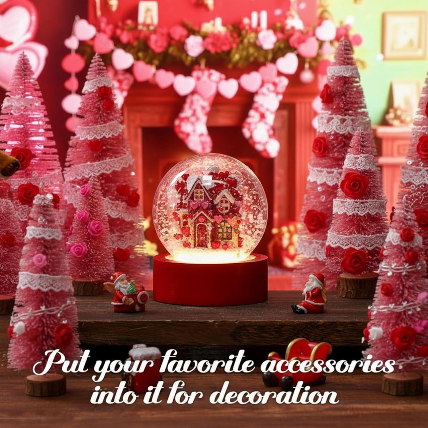 Irenare 2 Set Valentines DIY Snow Globes Set Warm Light Make Your Own Snow Globe with LED Light White Wooden Base Clear Plastic Globe Kit for Valentine Christmas Decor Gift