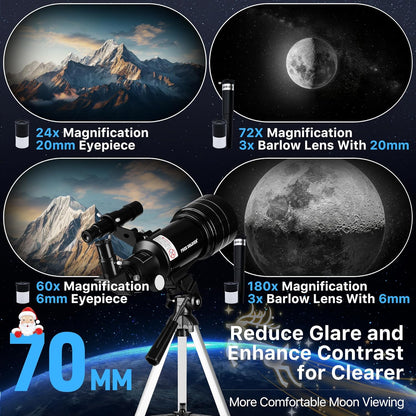 FREE SOLDIER Telescope for Kids 70mm Aperture Astronomical Refractor Telescopes for Beginners (15X-150X) 300mm Telescope for Adults High Powered with A Phone Adapter & A Wireless Remote (White)