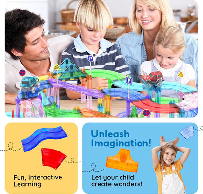 PicassoTiles 121pc Magnetic Tile Race Track Marble Run Magnet Tiles 3-in-1 Playset Car Racing Construction Set STEM Learning Early Education Building Toy Cars for School Toddlers Boys Girls Ages 3+