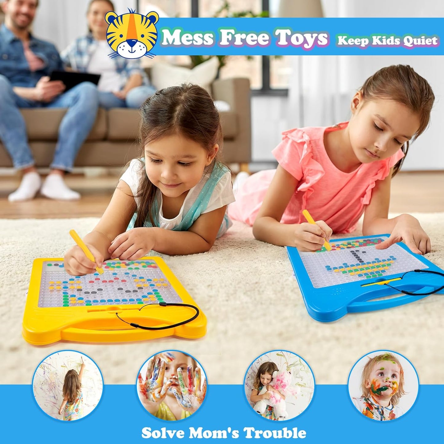Magnetic Drawing Board for Kids, Toddler Magnet Doodle Board with Beads and 2 Pens, Magnetic Dot Art Toys, Airplane Car Travel Activities (Blue Cat)
