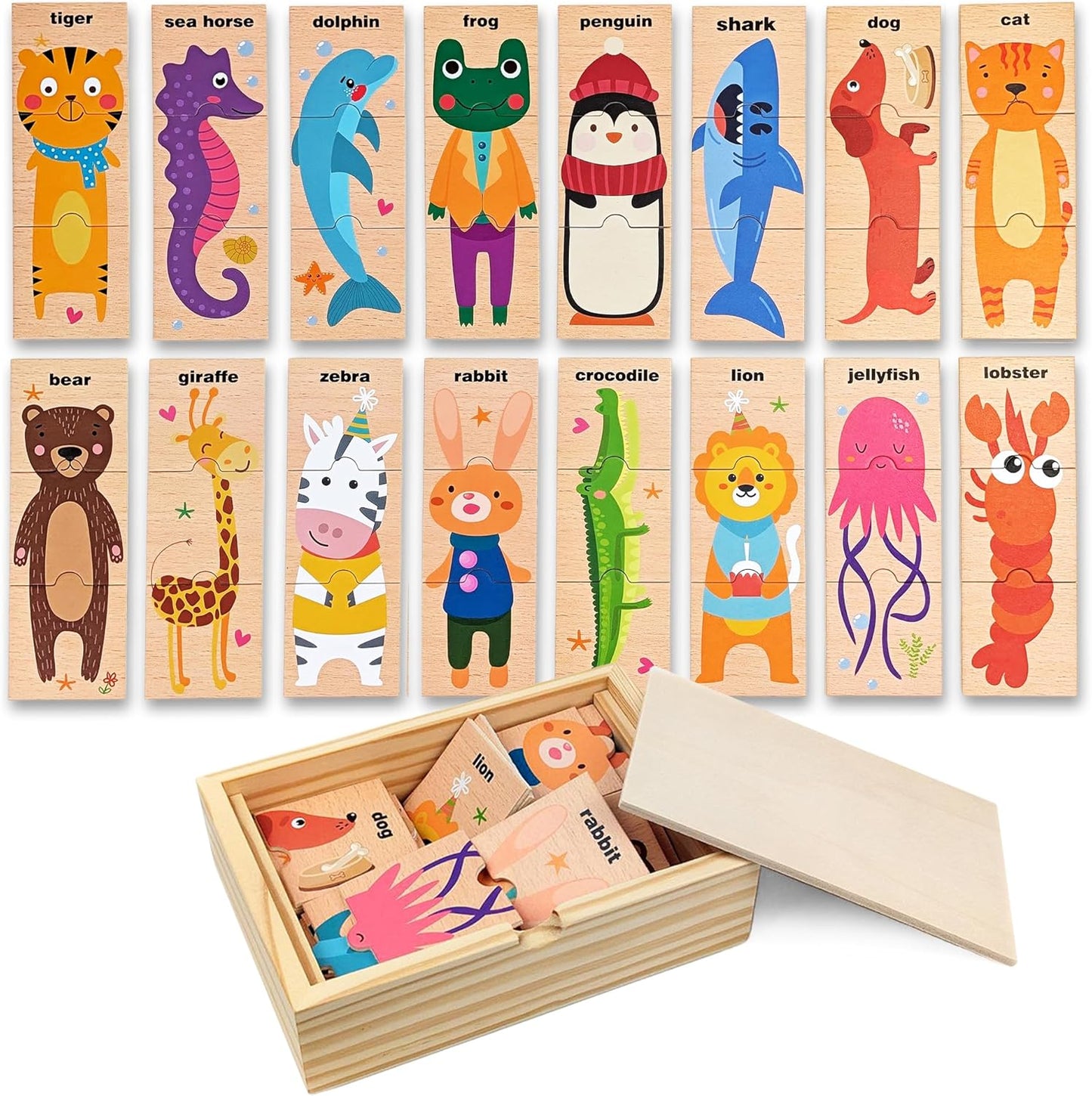 Montessori Wooden Puzzle for Toddlers, Wood Puzzle for Kids Ages 3-5, Animal Matching Game, Preschool Learning Toy, Educational Activity for 3 Year Old Boy Girl Birthday Gift, 48pc with Storage Box