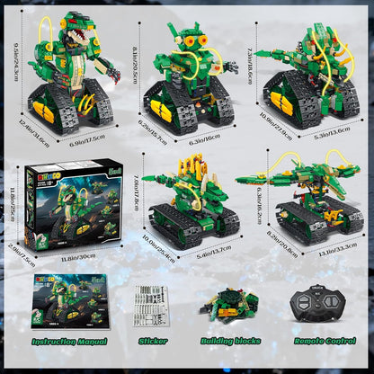 HiWEEGO RC Dinosaur Building Toy with Light, 5 in 1 Remote Controll Building Block Kit, 877 PCS Tech Rechargeable Dinosaur Robot Toys Easter Birthday for Kids Boys Age 8 9 10 11 12+