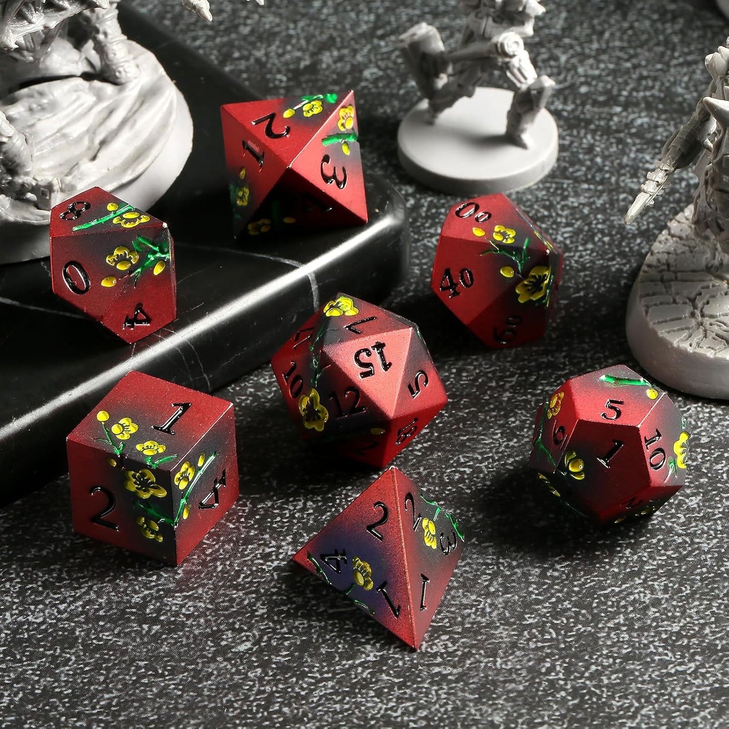 DnDnD Heavy Polyhedral Metal Dice Set with Metal Box, 7-die Shiny Blue Surface with Golden Number for RPG,Dungeons and Dragons,Pathfinder,Shadowrun,D&D,Role Palying Game and Math Teaching - Colors B