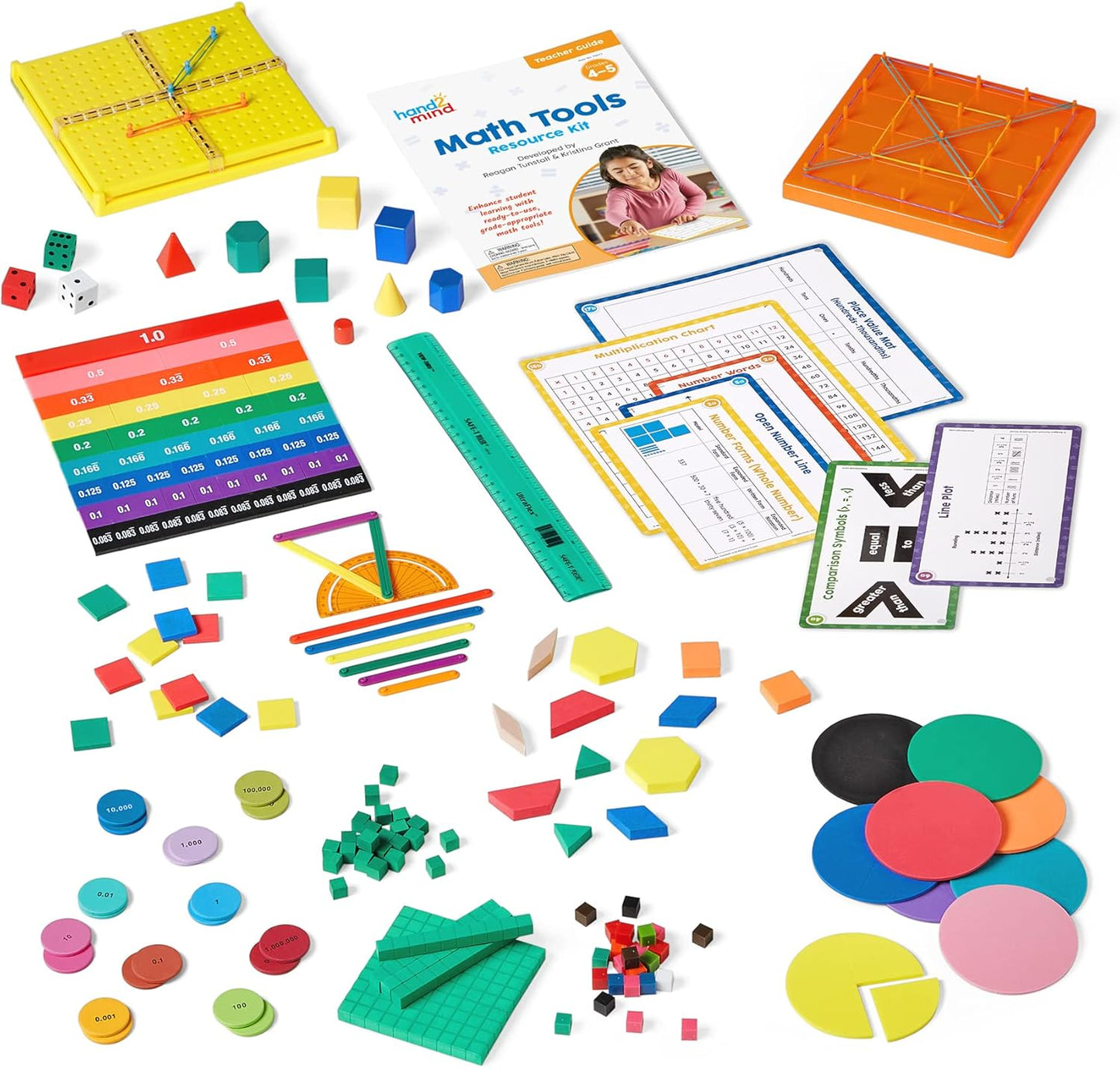 hand2mind Math Tools Small Group Sets 4-5 by Reagan Tunstall & Kristina Grant, Math Manipulatives, Base Ten Blocks, Color Tiles, Fraction Circles, Pattern Blocks, Place Value Chips, Classroom Supplies
