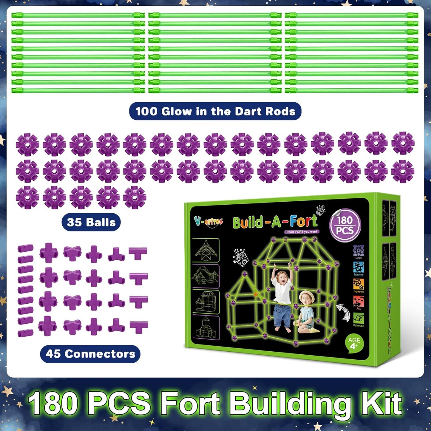V-Opitos 140 Pack Glow in The Dart Fort Building Kits for Kids Age 4, 5, 6, 7, 8+ Years Old, STEM Building Toys for DIY Castles, Tunnels, Ideal Christmas, Birthday Gifts for Boys & Girls