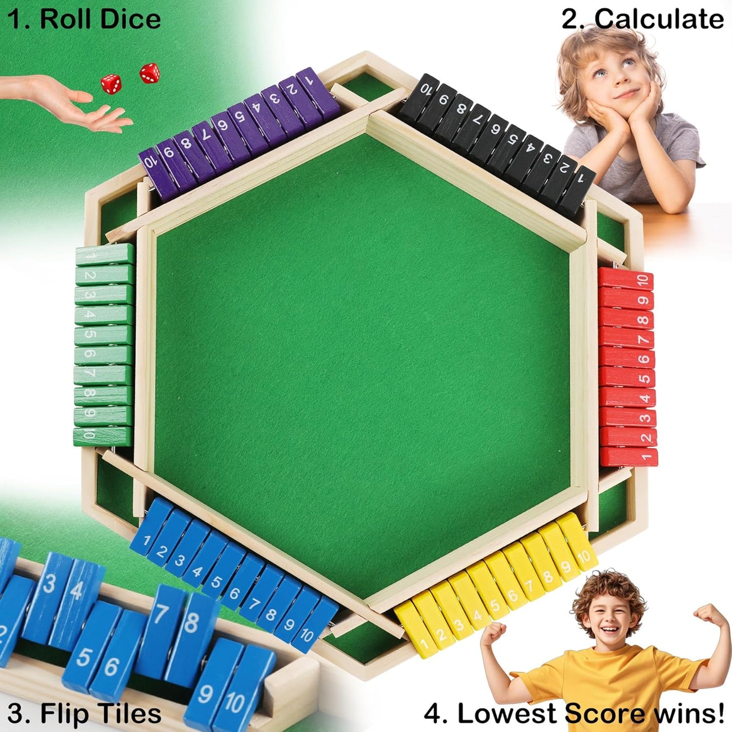 Shut The Box Game Wooden, 1-6 Players Dice Board Game for Adults and Kids, 10 Numbers Math Games - Educational and Entertaining, Classic Table Flip Blocks for Family Game Night