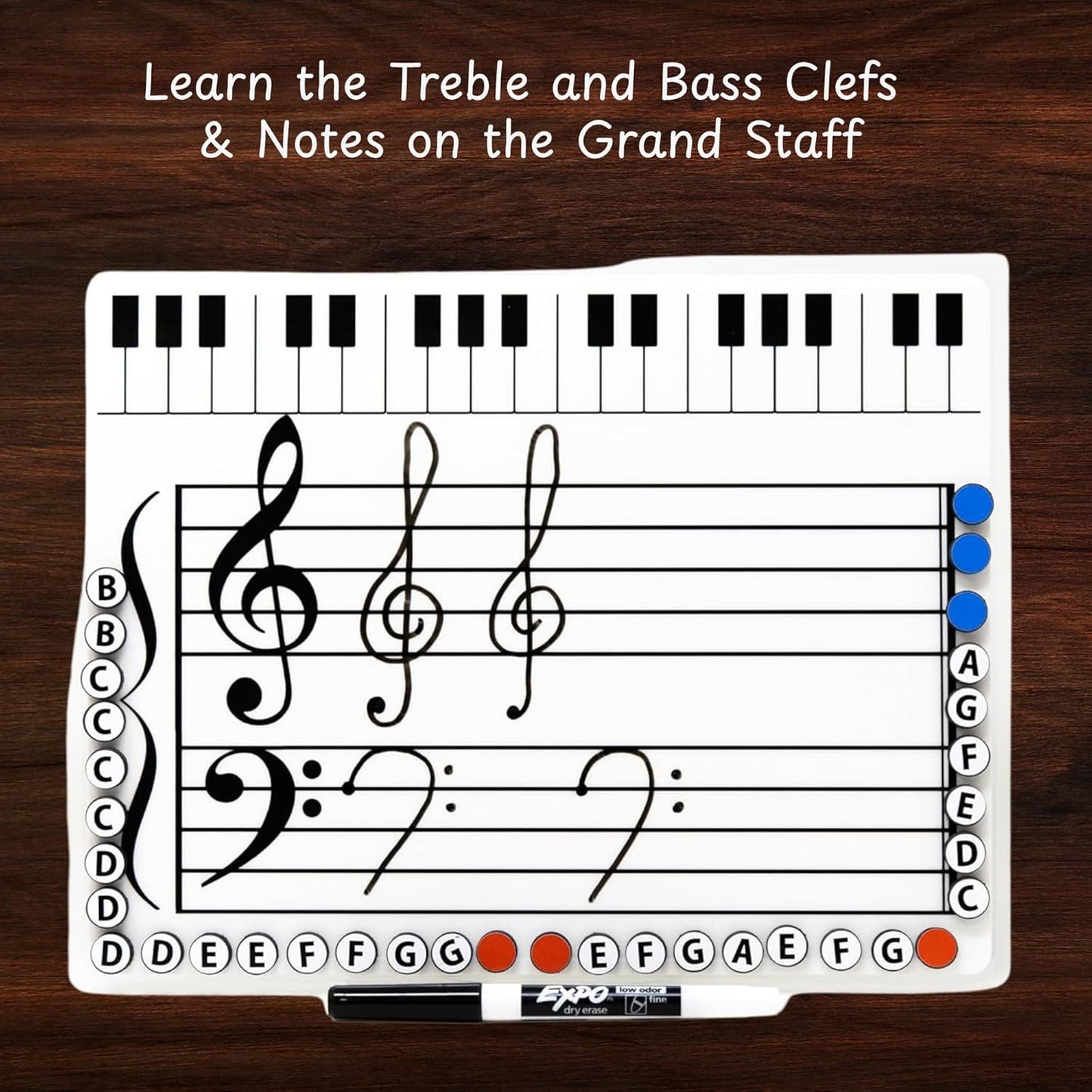 Kits Grand Staff Dry Erase Magnetic Music Theory Board with 35 Note Magnets and Marker (9 x 11.5 Inches) - Piano Teaching Tool, Music Staff Whiteboard, Keyboard Practice Aid