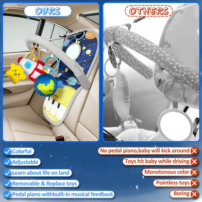 Car Seat Toys for 6-12 Months - Musical Pedal Piano with Baby Mirror, Squeaky Sensory Soft Animal Toys for Rear Facing Carseats