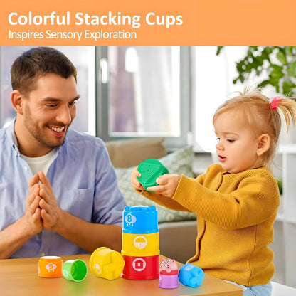 MOONTOY Stacking Cups Baby Toys 6 10 12 18 Months, Montessori Toys for 1 Year Old Toddler Learning Toy with Numbers Shapes Patterns, Baby Bath Toy 6-12 Months, Gifts for 1 2 3 Year Old Boys Girls