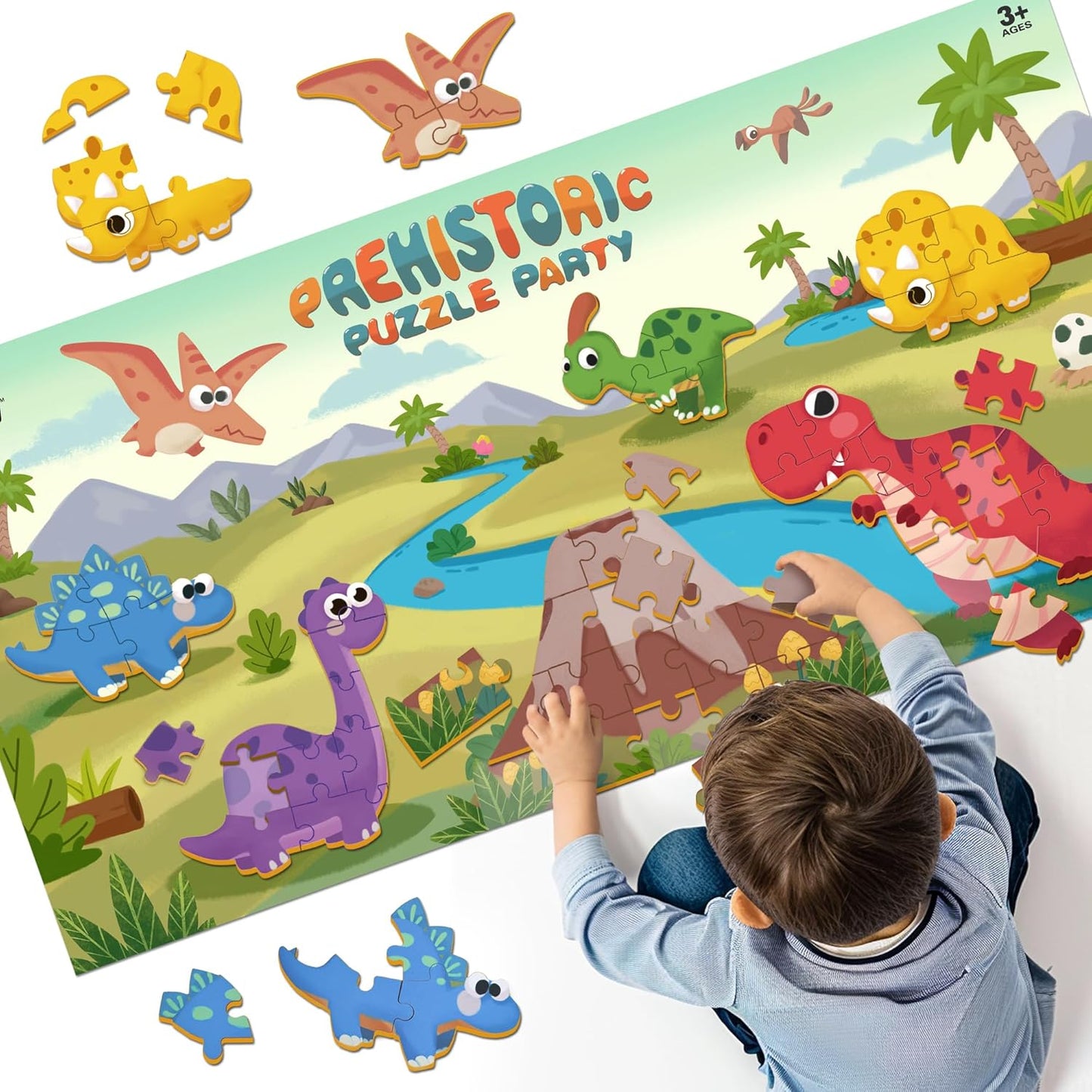 iPlay, iLearn Floor Puzzle for Kids Ages 3-5 4-6, Dinosaur Jigsaw Puzzle, 52Pcs Wooden Jumbo Dinos Animal Puzzles Game, Toddler Educational Learning Toy, Preschool Birthday Gifts for Boy Girl Child