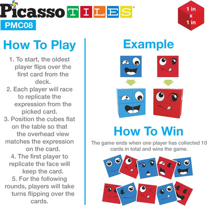 PicassoTiles Magnetic Expression Puzzle Cubes + Letters Numbers Drawing Board, 8pc Magnet Blocks w/ 36 Emotion Game Card Include, ABC A-Z Letter, Number, Freestyle Writing Erasable Magnet Tablet Pad