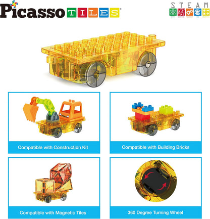 PicassoTiles Magnet Tile Construction Themed Building Blocks 5-in-1 Crane, Ladder, Dump Truck, Excavator, and Backhoe Action Figures, 2 Car Base Vehicles Magnetic Tiles Learning Toys Kids Ages3+ PTU06