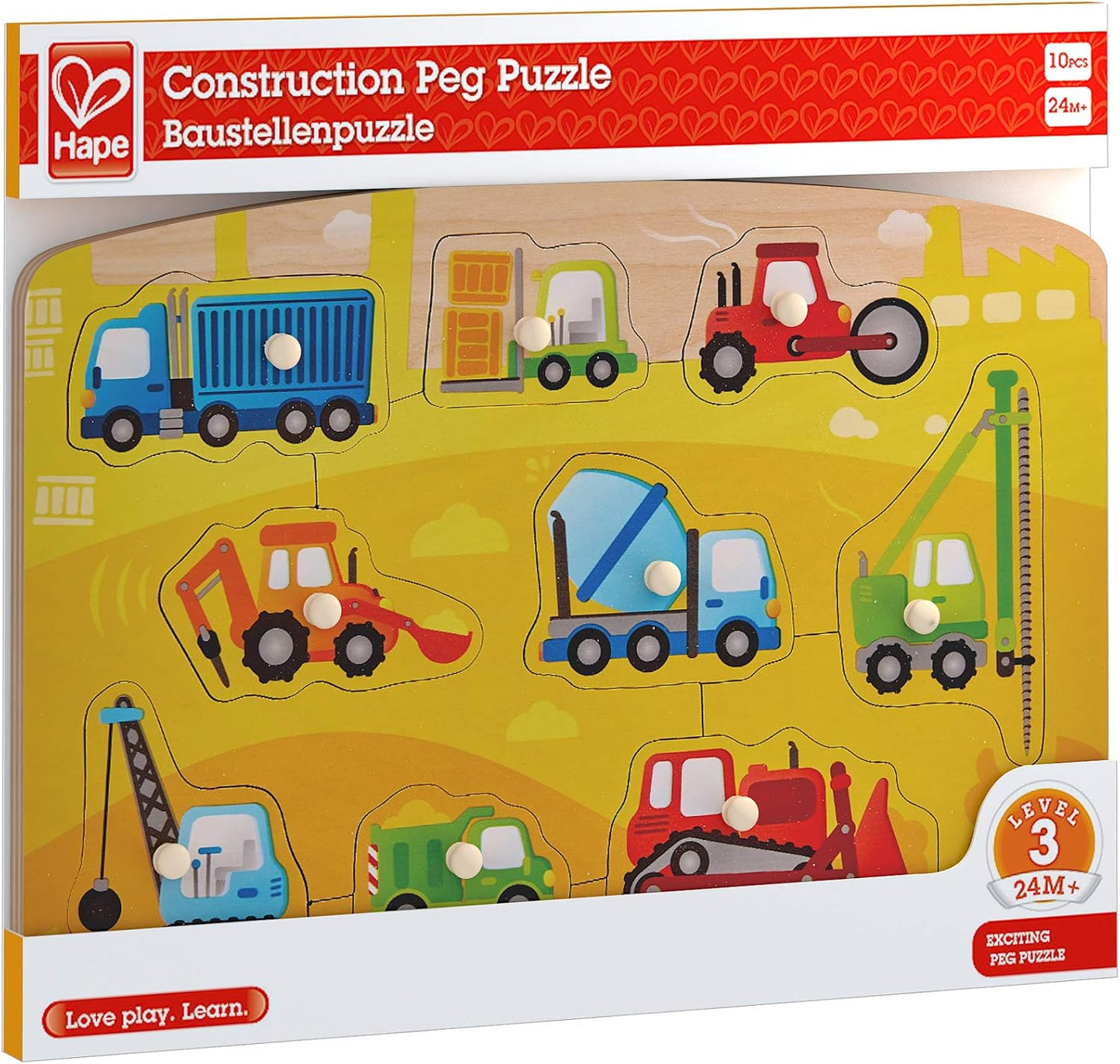 Hape Construction Peg Puzzle| 10 Piece Wooden Peg Jigsaw Puzzle Game, Learning Toy for Toddlers