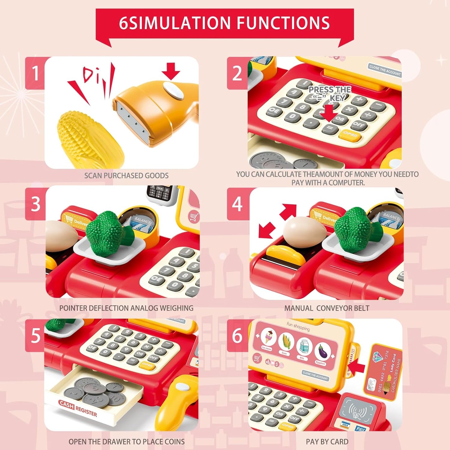 Cash Register Toy for Kids,Toddler Pretend Play Store with Real Calculator,Scanner,Play Food, Money & Credit Card,Supermarket Checkout Set, Math Skills Learning Toys,Birthday Gift for Boys Girls-Red
