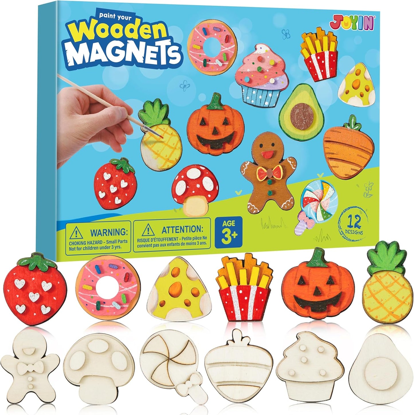JOYIN 12 Wooden Magnet Creativity Arts & Crafts Painting Kit for Kids, Decorate Your Own Painting Gift for Halloween Crafts, Birthday Parties and Family Crafts, Party Favors for Boys Girls