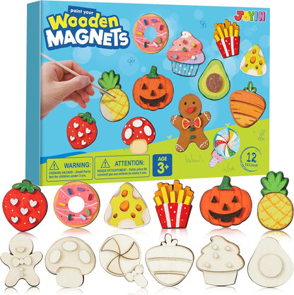 JOYIN 12 Wooden Magnet Creativity Arts & Crafts Painting Kit for Kids, Decorate Your Own Painting Gift for Halloween Crafts, Birthday Parties and Family Crafts, Party Favors for Boys Girls