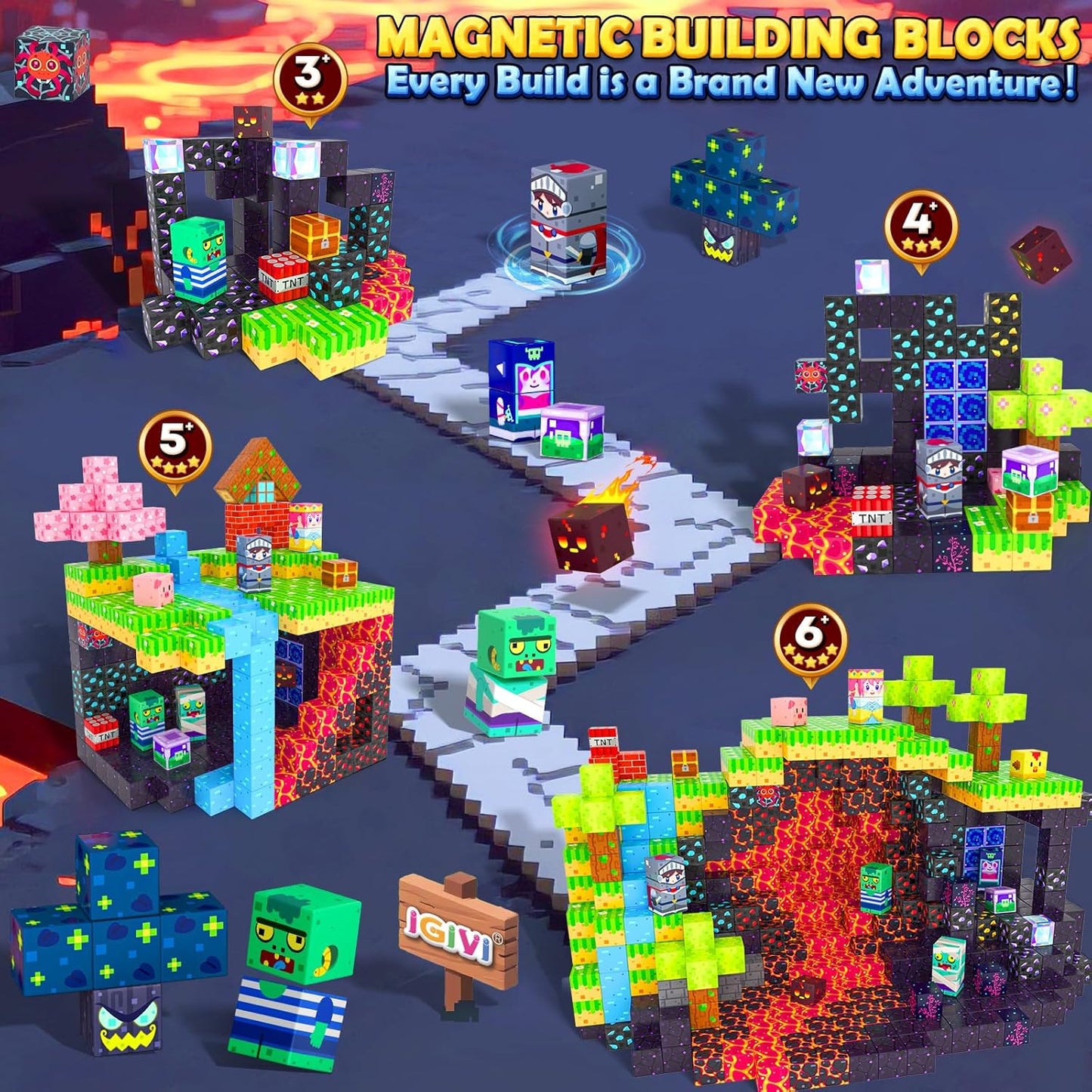 Magnetic Blocks - Build Mine 3D Magworld Forest Lava Set, STEM Magnetic Building Blocks for Kids Ages 4-6 6-8 8-12, Educational Sensory Toys for Toddlers, Birthday Gifts for 3+ Years Old Boys & Girls
