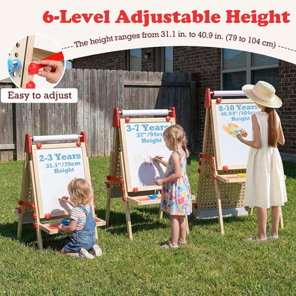 OLAKIDS 4 in 1 Easel for Kids with Marble Run, Magnetic Whiteboard, Chalkboard, Drawing Paper Roll, 6-Level Adjustable Height for Toddlers Ages 3-10