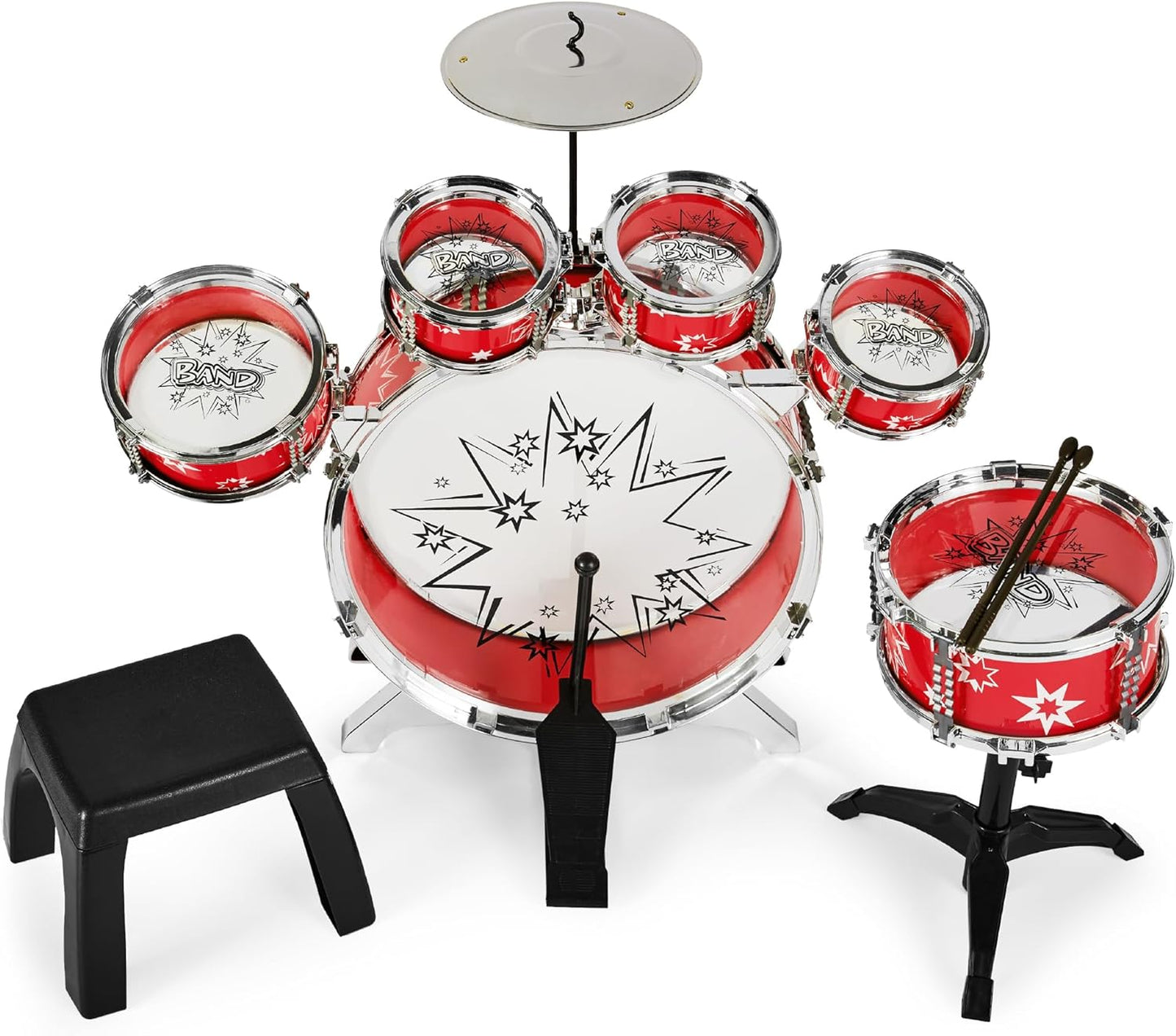 Best Choice Products 11-Piece Kids Beginner Drum Kit, Musical Instrument Toy Drum Set for Music Practice w/Bass, Toms, Snare, Cymbal, Stool, Stand Drumsticks - Black