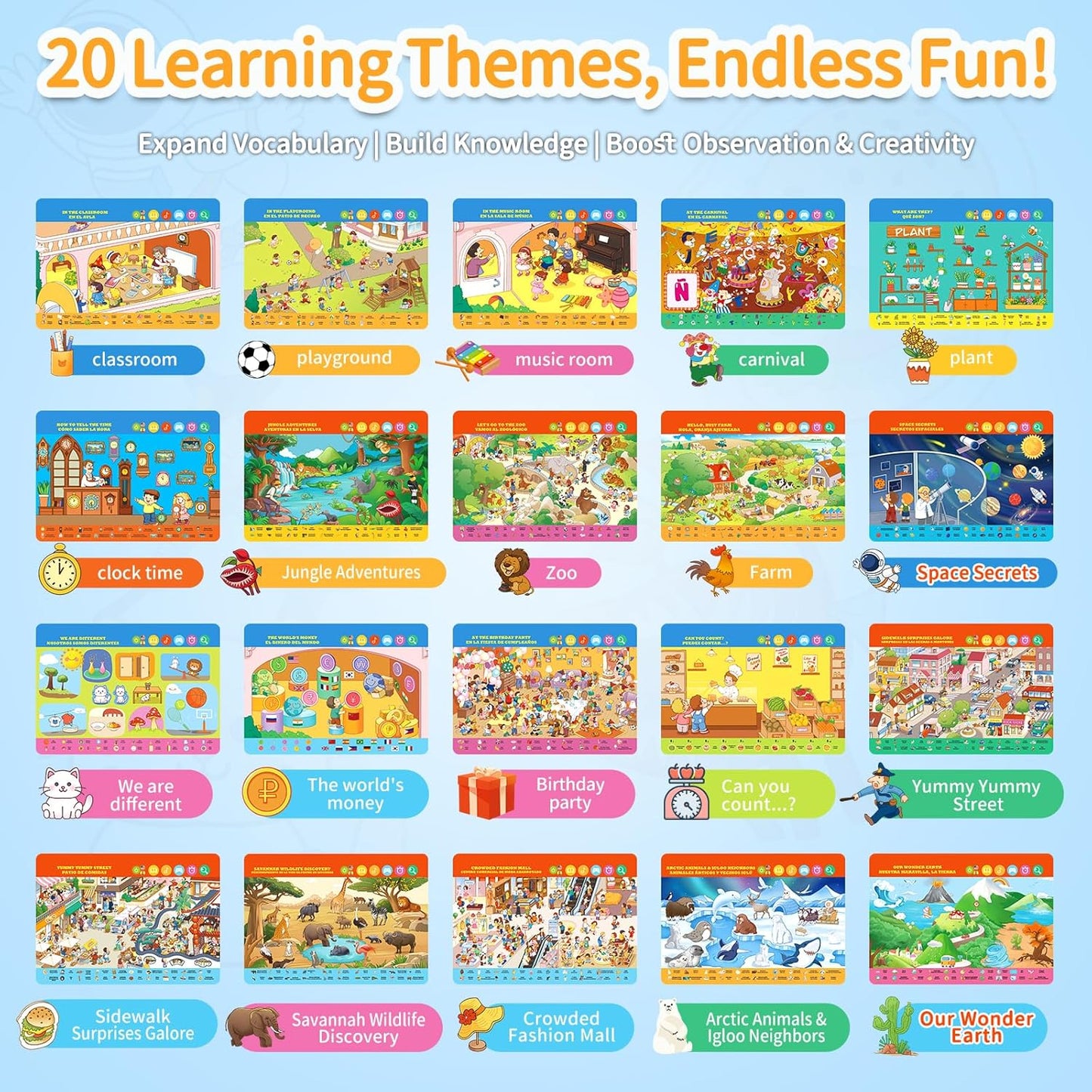 Qiaojoy Bilingual Interactive World Map for Kids Learning and Educational Toys, Talking Electronic Kids World Map i-Poster Geography Games Ages 3 to 12 Years Old, Custom Talking Birthday Gifts Card