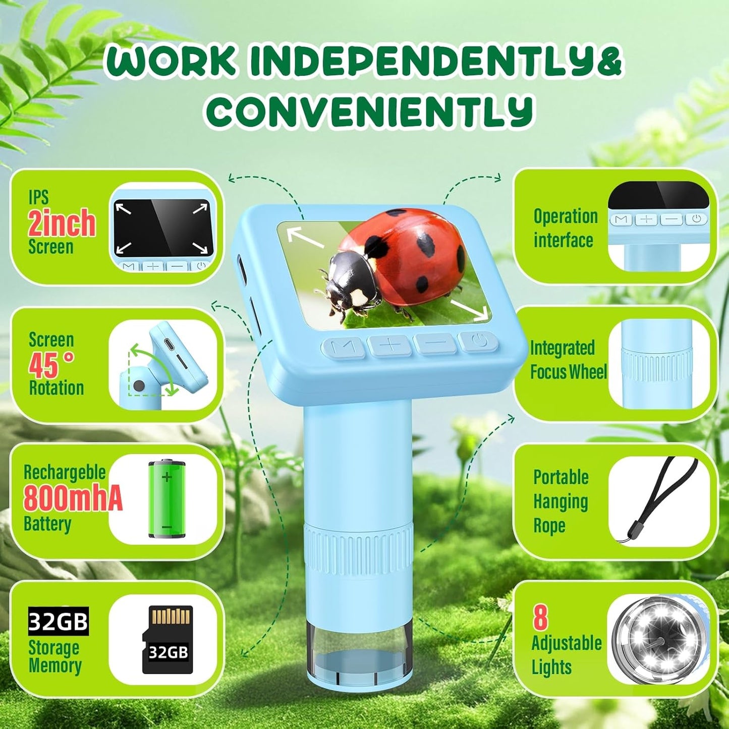 IMICHI Microscope for Kids 50X-1000X Magnification- 2 inch IPS HD Screen, 32GB storage Card, 1080P Video, 2-Hour Battery Life, Easy Carry, Slides Included - Perfect Science Kit Gift for Kids Ages 8-12