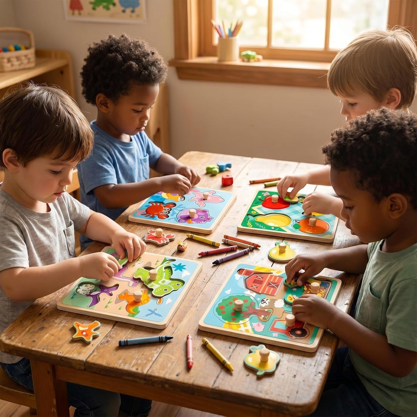LovesTown Wooden Peg Puzzles Learning Toys Montessori Educational Knob Puzzle with Handles for Toddlers Preschool Kids 4 PCS
