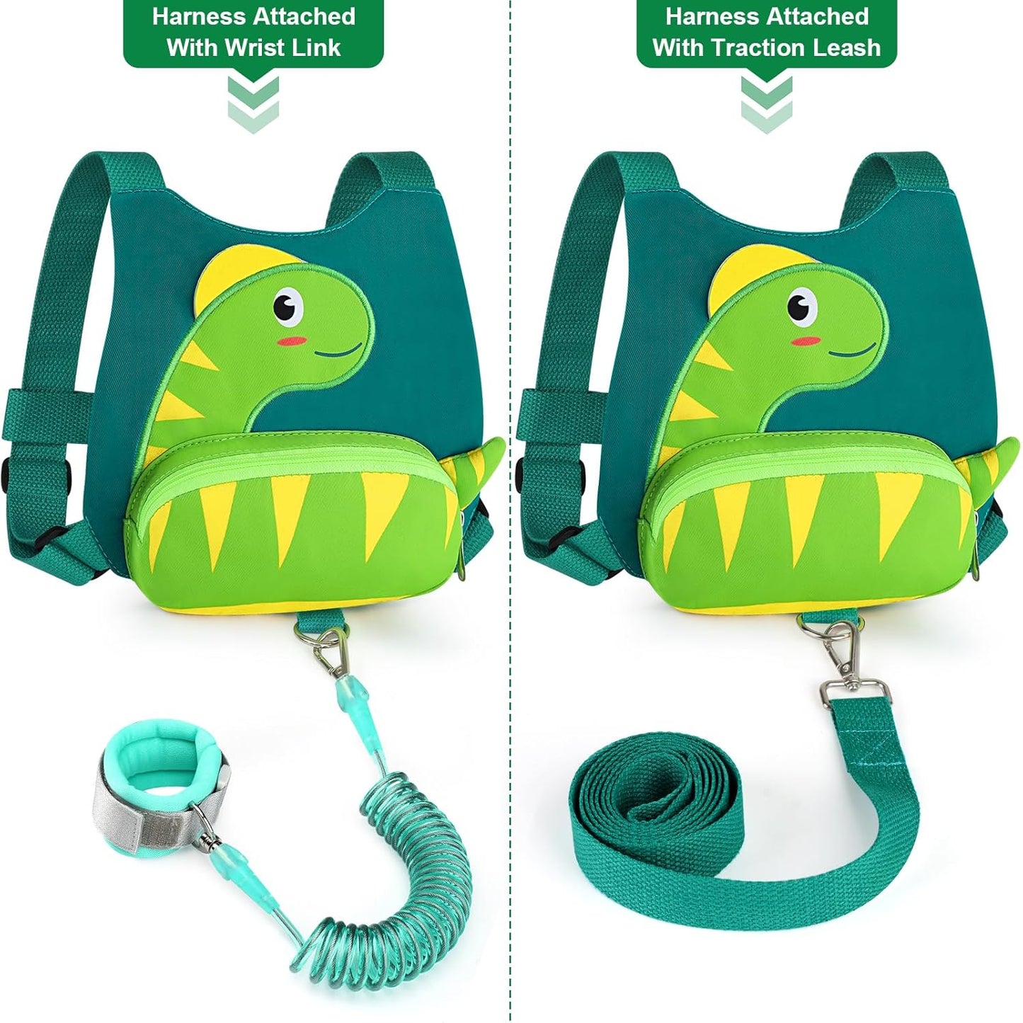 3 in 1 Toddler Harness Leash + Baby Anti Lost Wrist Link, Accmor Cute Dinosaur Child Safety Harness Tether, Kids Walking Wristband Assistant Strap Belt for Parent Boys Outdoor Activity (Black)
