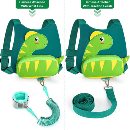 3 in 1 Toddler Harness Leash + Baby Anti Lost Wrist Link, Accmor Cute Dinosaur Child Safety Harness Tether, Kids Walking Wristband Assistant Strap Belt for Parent Boys Outdoor Activity (Black)