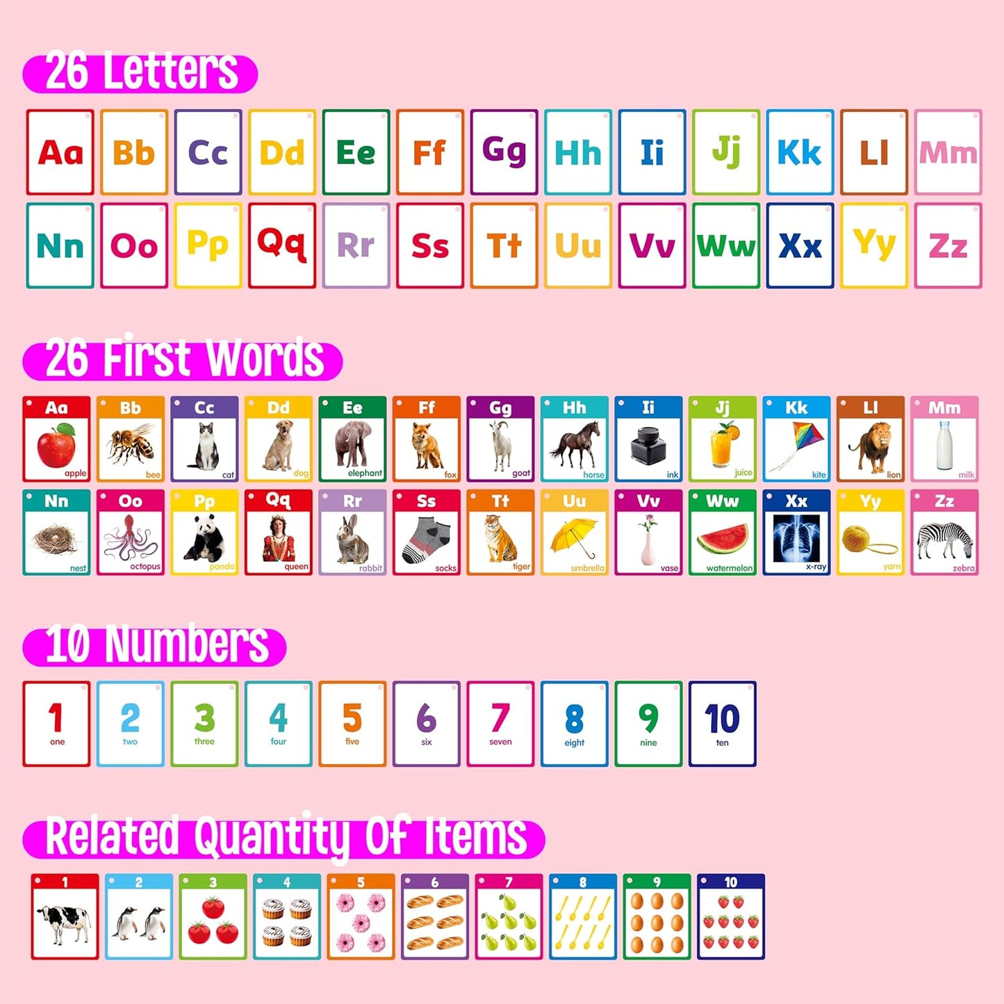 Alphabet & Number Flashcards, 36 Double-Sided Cards Uppercase & Lowercase Letter Cards, ABC, 123 & First Words Learning Cards for Preschool and Toddlers Learning (1 Reclosable Rings Attached)