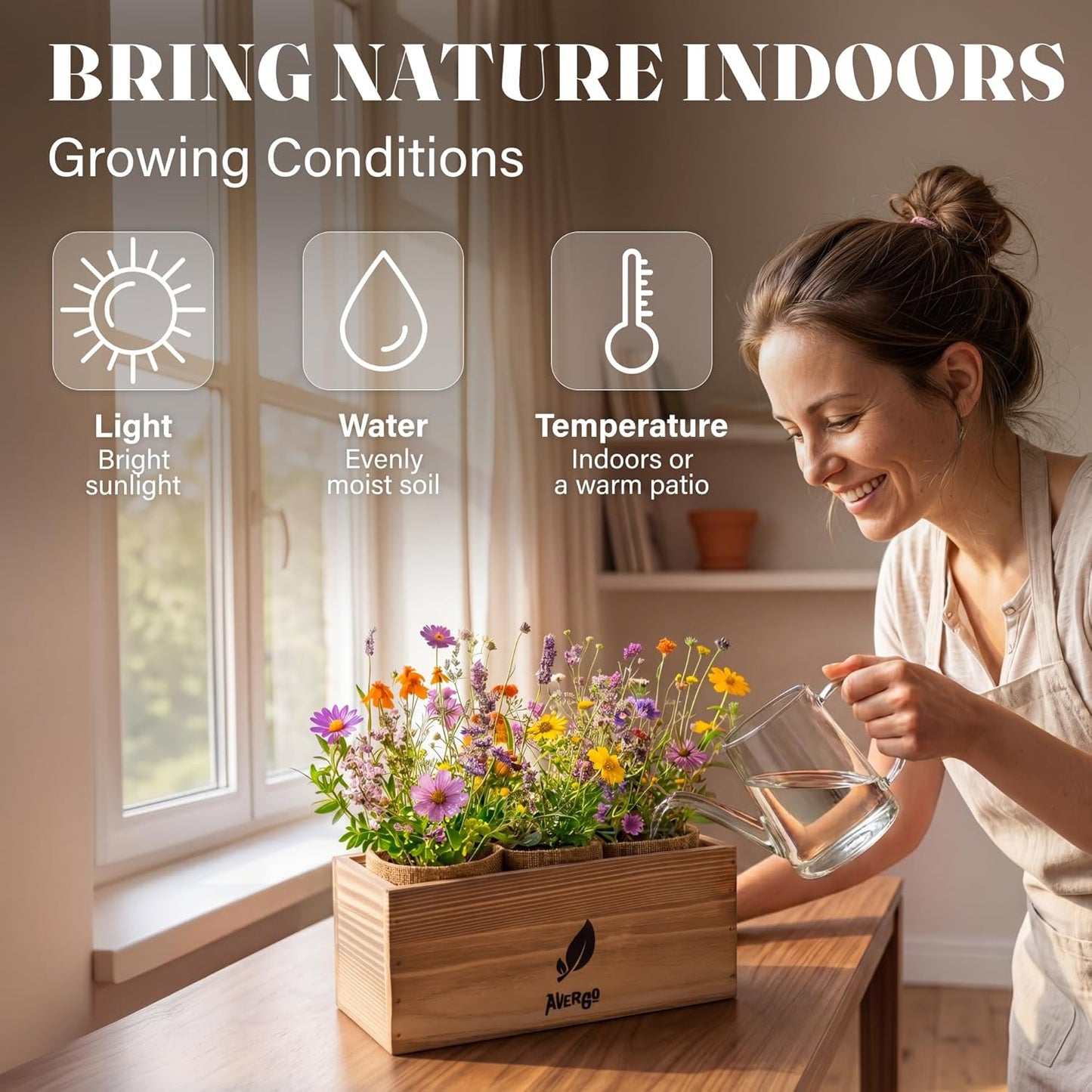 AVERGO Wildflower Seed Mix Growing Kit - Includes Perennial & Annual Wild Flowers, Burlap Planters, Soil, Wooden Box, and Gardening Tools for Indoor Garden and Patio Planting