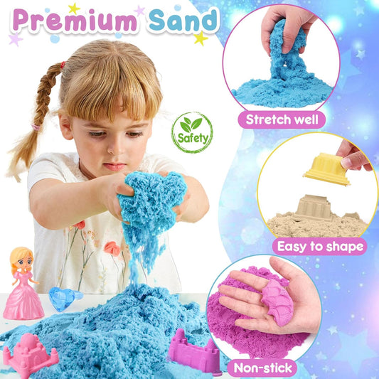 TUZT Princess Unicorn Sensory Bin Sandbox for Girl Kid Toys, 2lbs Color Sensory Sand & 6 Castle Molds & Play Kits, Sand Box Toys for Kids Girls Toddlers 3 4 5 6 7 8 Christmas Birthday Gift