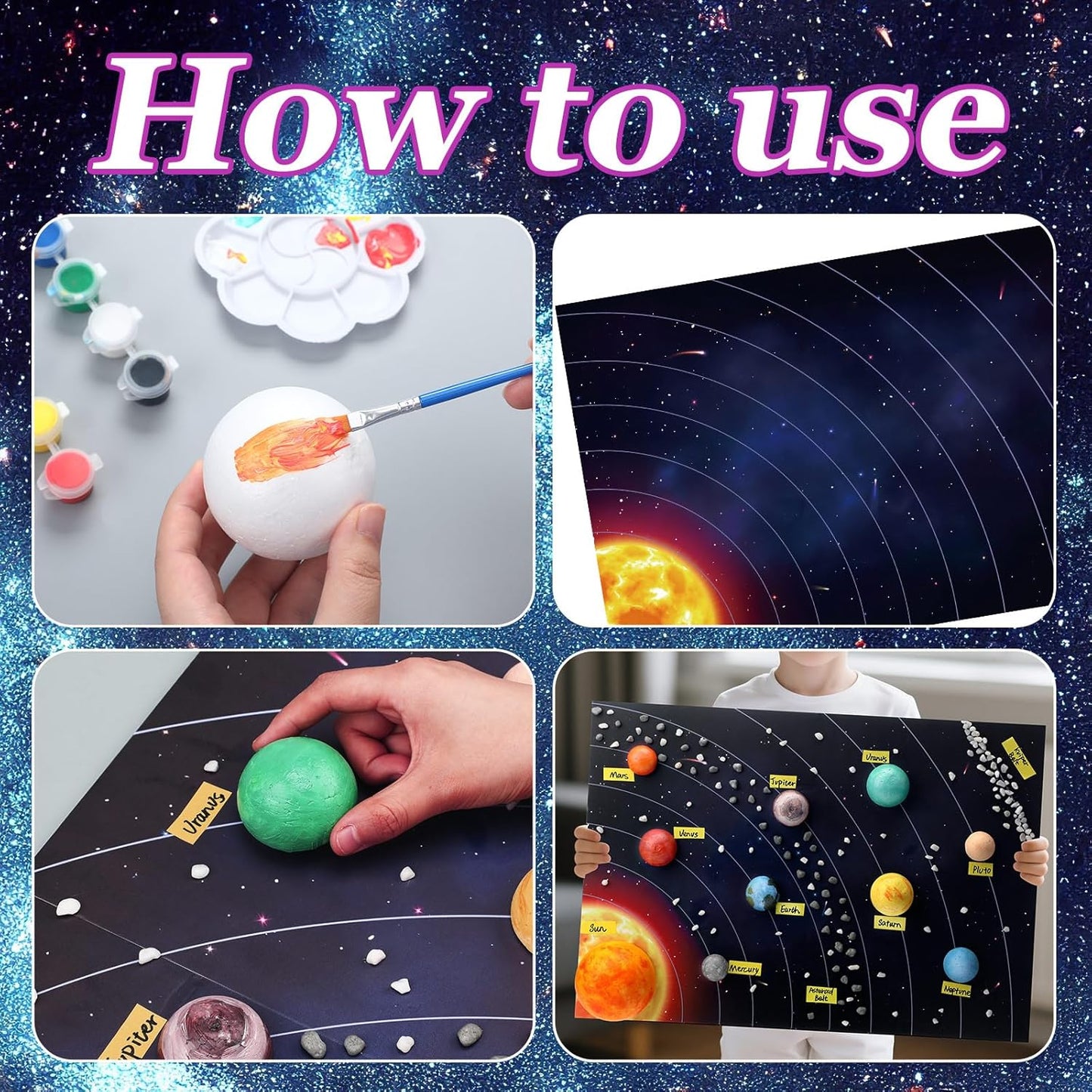 20 Solar System Model Project Kit with 10 Foam Ball LED Lights 12 Pigment 2 Brushes Solar System Background DIY Outer Space Planet Foam for Kid School Science Projects Arts Crafts(Rectangle)