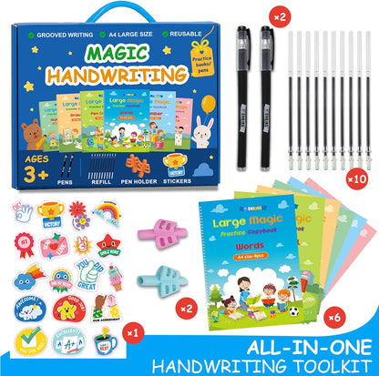 Large Magic Practice Copybook for Kids,Handwriting Grooved Practice Book 6 Pack with Pen Refill English Cursive Calligraphy Reusable Age 3-8（A4 Size）