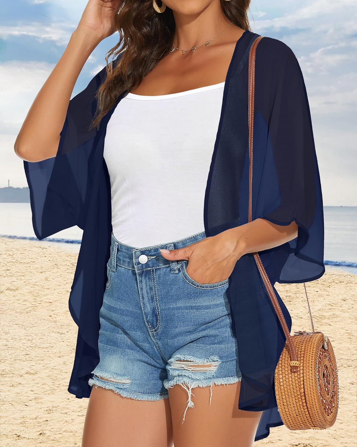 Womens Kimono Cardigans Beach Cover ups Swimwear Puff Sleeve Loose Casual Summer Tops 2026