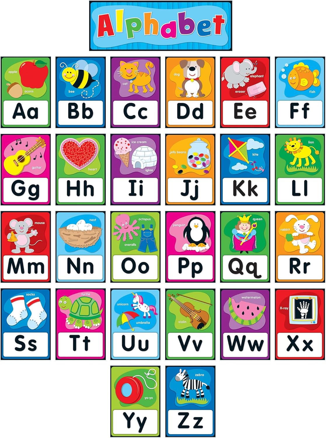 Carson Dellosa Education 26 pc Set of ABC Bulletin Board Decorations aids early learning with bright alphabet visuals and sight word images that help toddlers build strong foundational sound skills.