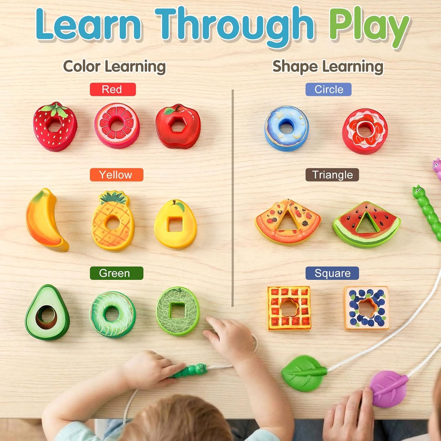 28 Pcs Caterpillar Lacing Toy for Toddlers Fruit Food Threading Toys Learning Lacing Beads Montessori Educational Stringing Threading Beads Fine Motor Skills Gift for Boys Girls 3+
