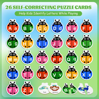Ladybug Self Correcting Alphabet Puzzle: Letter Matching Games for Toddlers 3-5, 52pcs Double-Sided Montessori ABC Puzzles Cards Preschool Learning Activities Educational Toy Gift for Kids